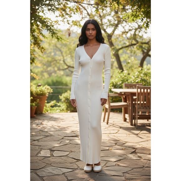 525 America Dresses & Skirts - 525 America Ribbed Knit Maxi Dress Button Front Long Sleeve, Chalk, Size S, NWT